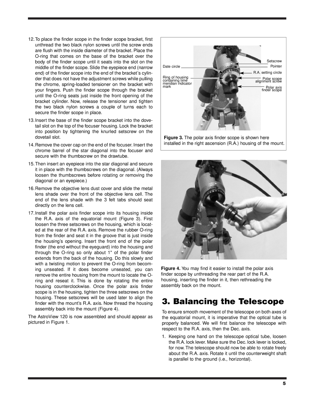 Orion 120 EQ instruction manual Balancing the Telescope 