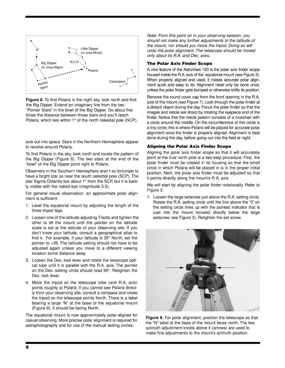 Orion 120 EQ instruction manual Aligning the Polar Axis Finder Scope 