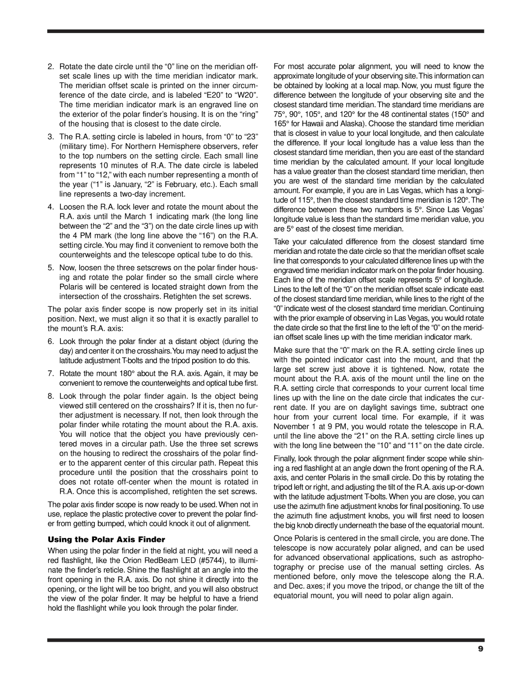 Orion 120 EQ instruction manual Using the Polar Axis Finder 