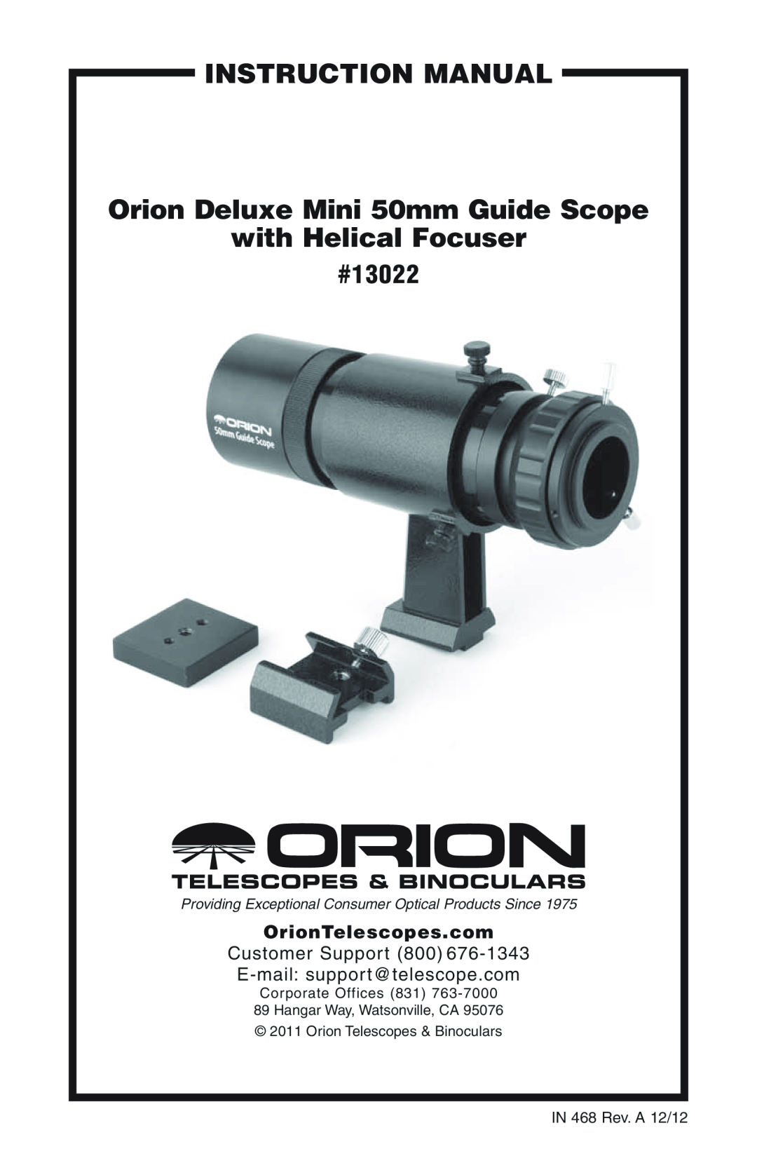 Orion instruction manual Orion Deluxe Mini 50mm Guide Scope, with Helical Focuser, OrionTelescopes.com, #13022 