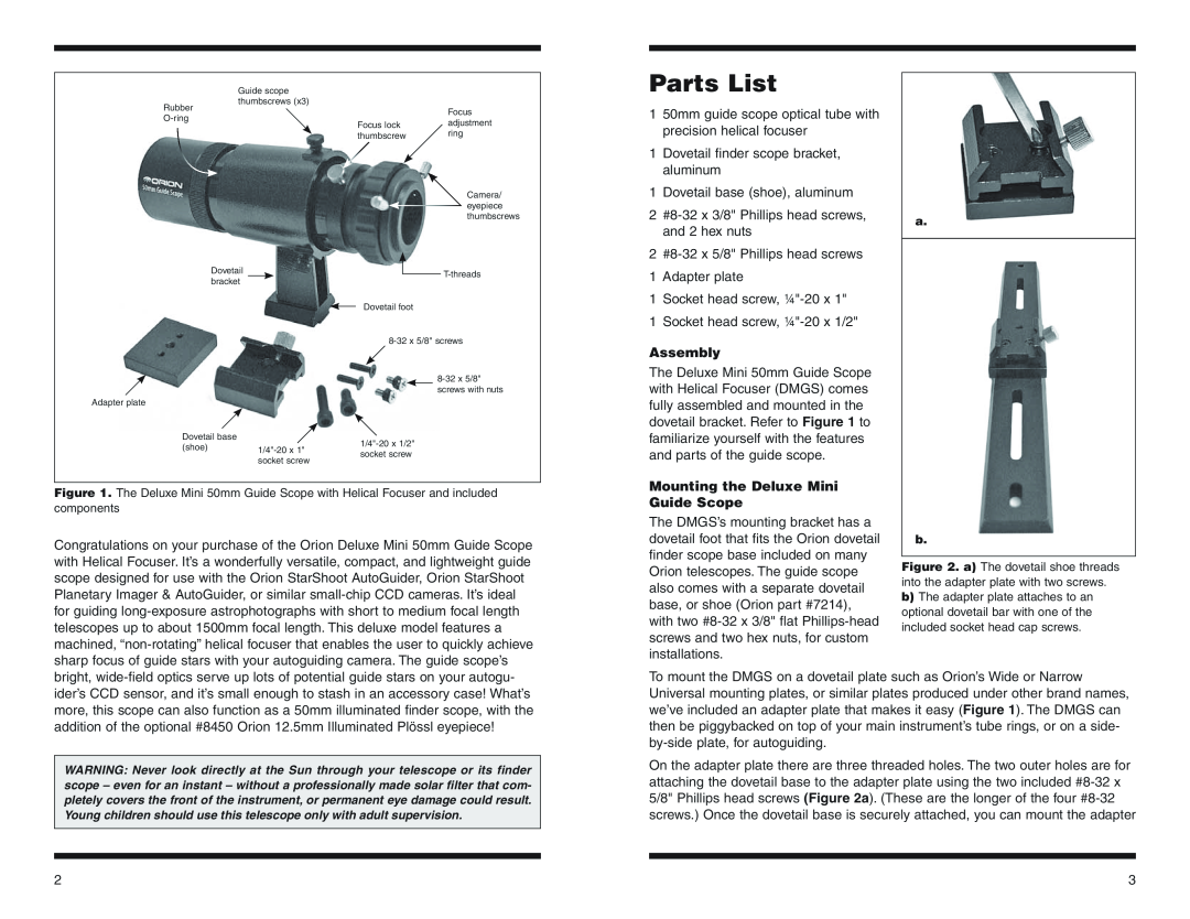 Orion 13022 instruction manual Assembly, Mounting the Deluxe Mini Guide Scope, Parts List 