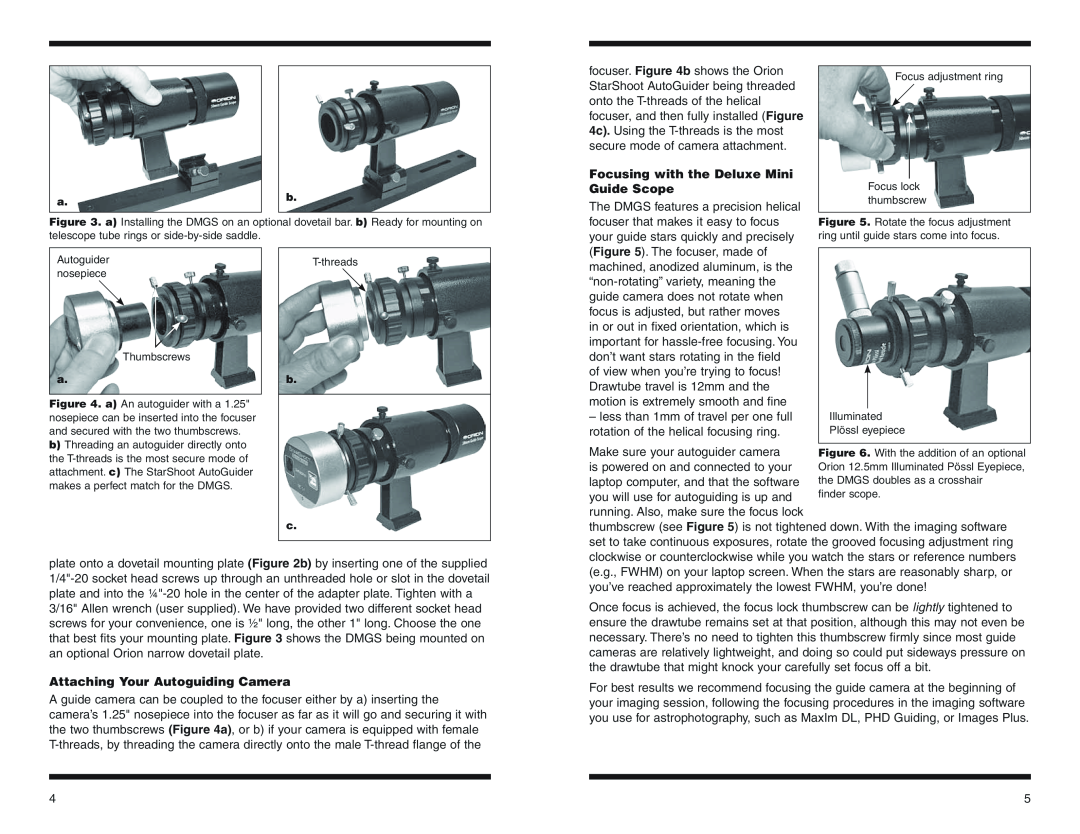 Orion 13022 instruction manual Focusing with the Deluxe Mini Guide Scope, Attaching Your Autoguiding Camera 