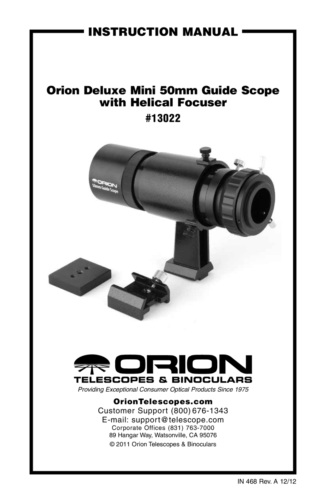 Orion instruction manual Orion Deluxe Mini 50mm Guide Scope With Helical Focuser, #13022 