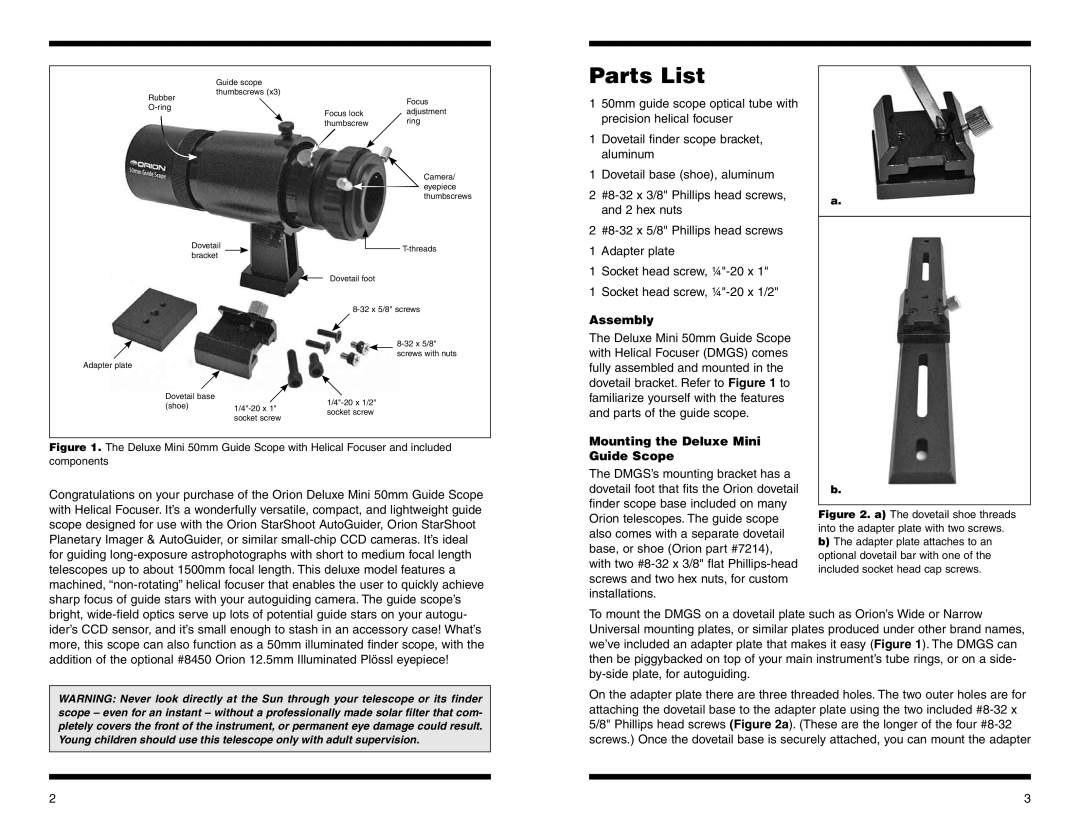 Orion 13022 instruction manual Assembly, Mounting the Deluxe Mini Guide Scope 