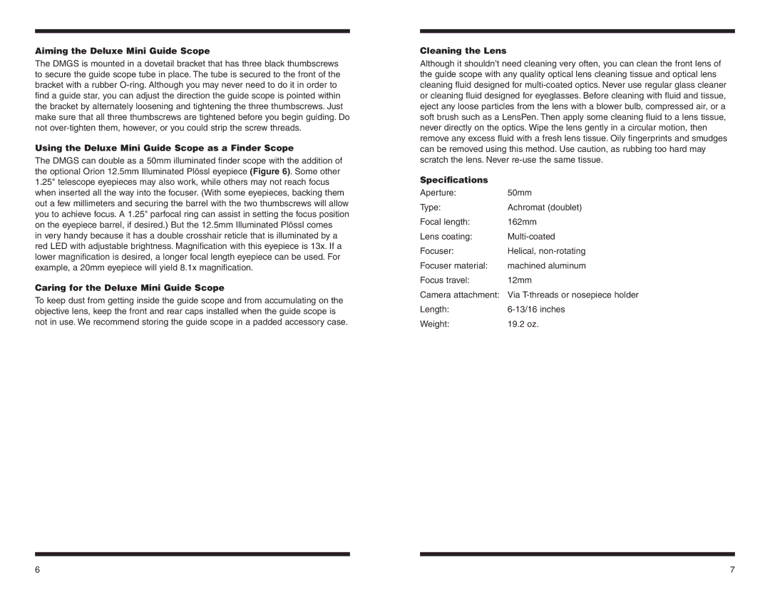 Orion 13022 Aiming the Deluxe Mini Guide Scope, Using the Deluxe Mini Guide Scope as a Finder Scope, Cleaning the Lens 