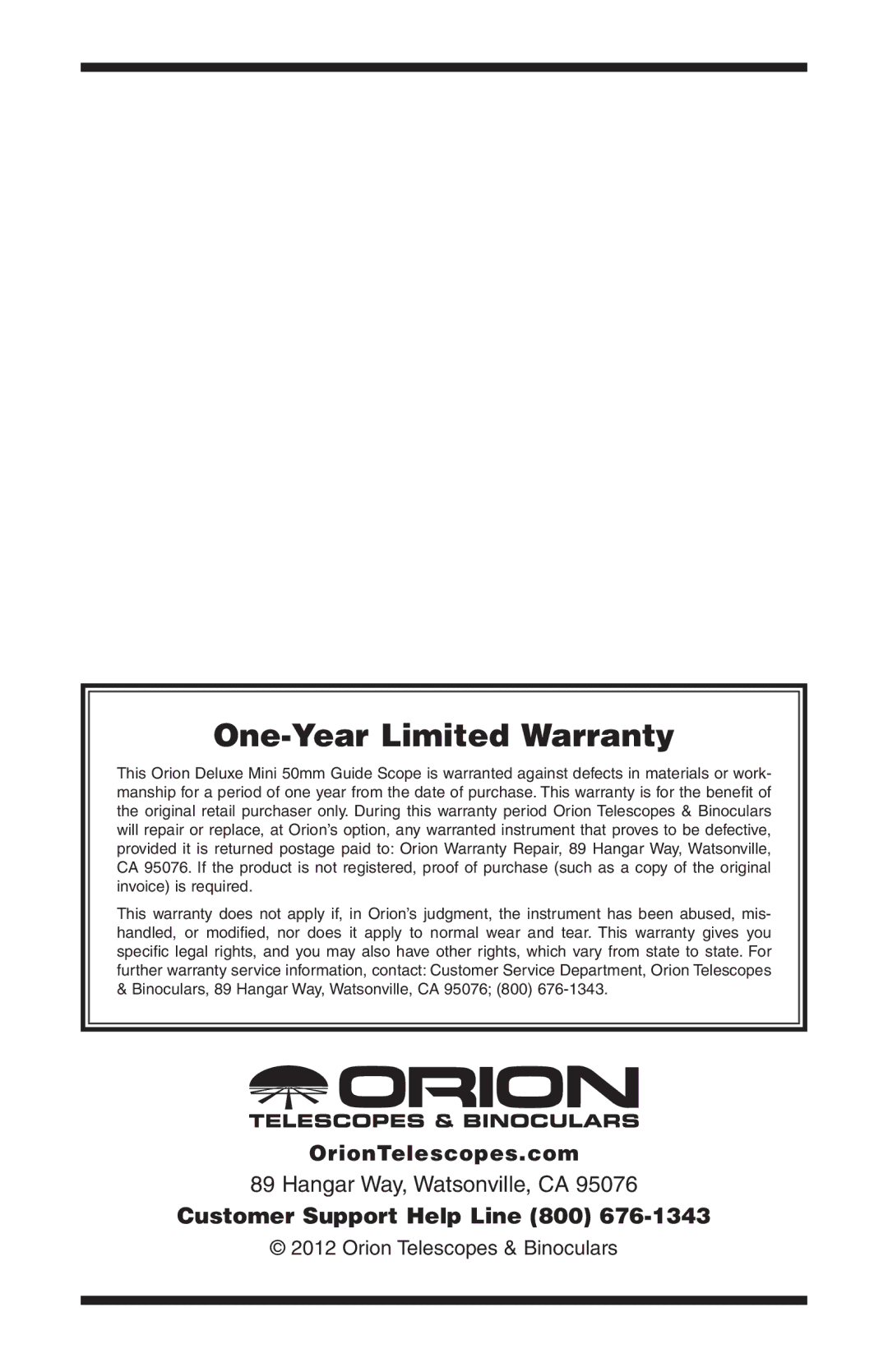 Orion 13022 instruction manual One-Year Limited Warranty 