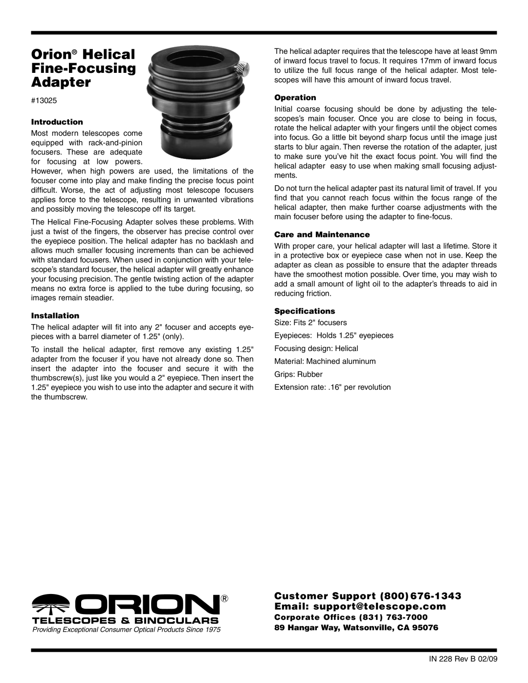 Orion 13025 specifications Orion Helical Fine-Focusing Adapter 