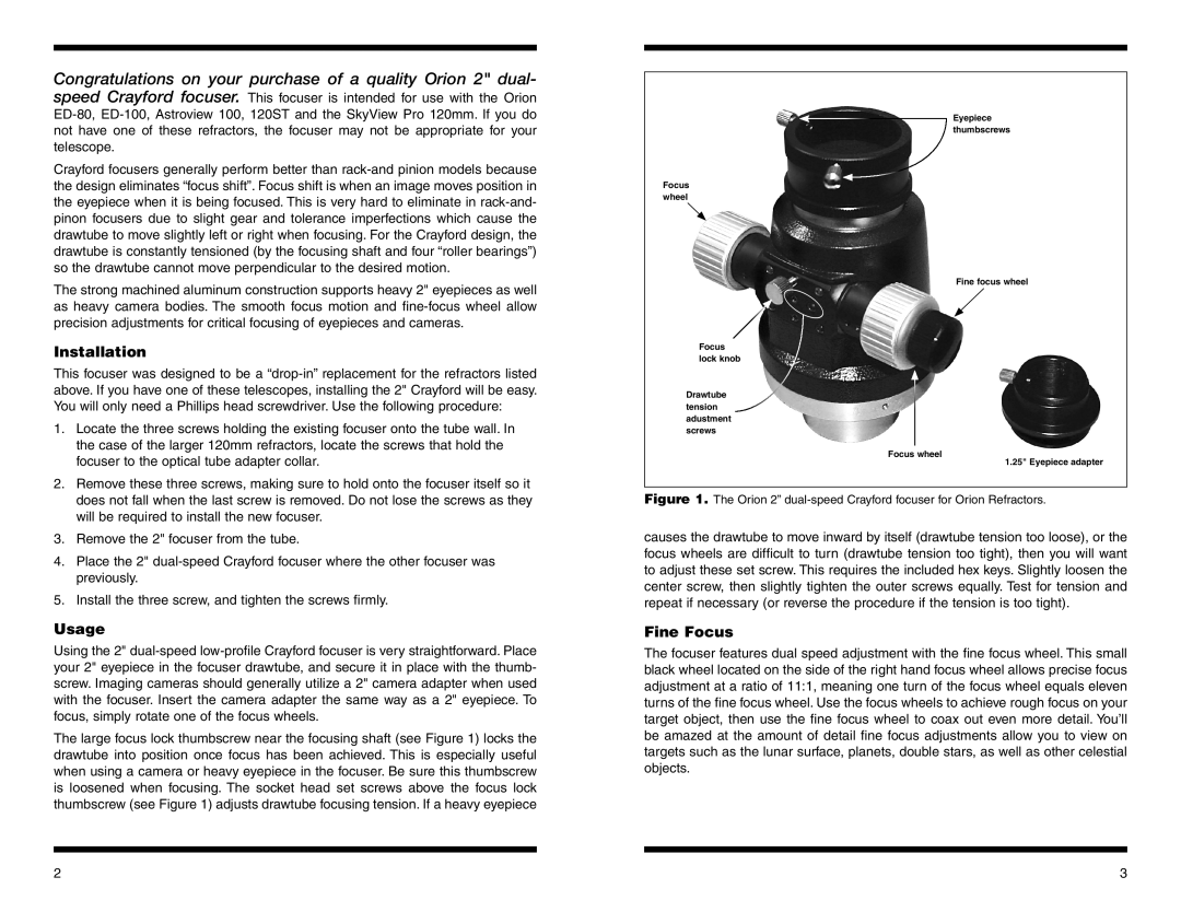 Orion 13032 instruction manual Installation, Usage, Fine Focus 