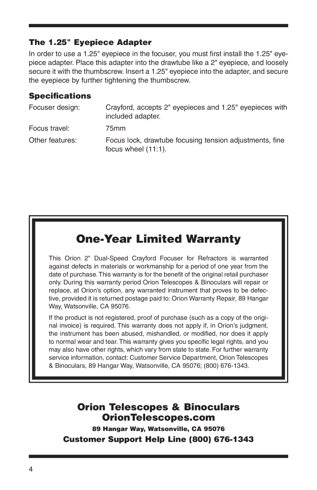 Orion 13032 One-Year Limited Warranty, Orion Telescopes & Binoculars OrionTelescopes.com, Eyepiece Adapter, Specifications 