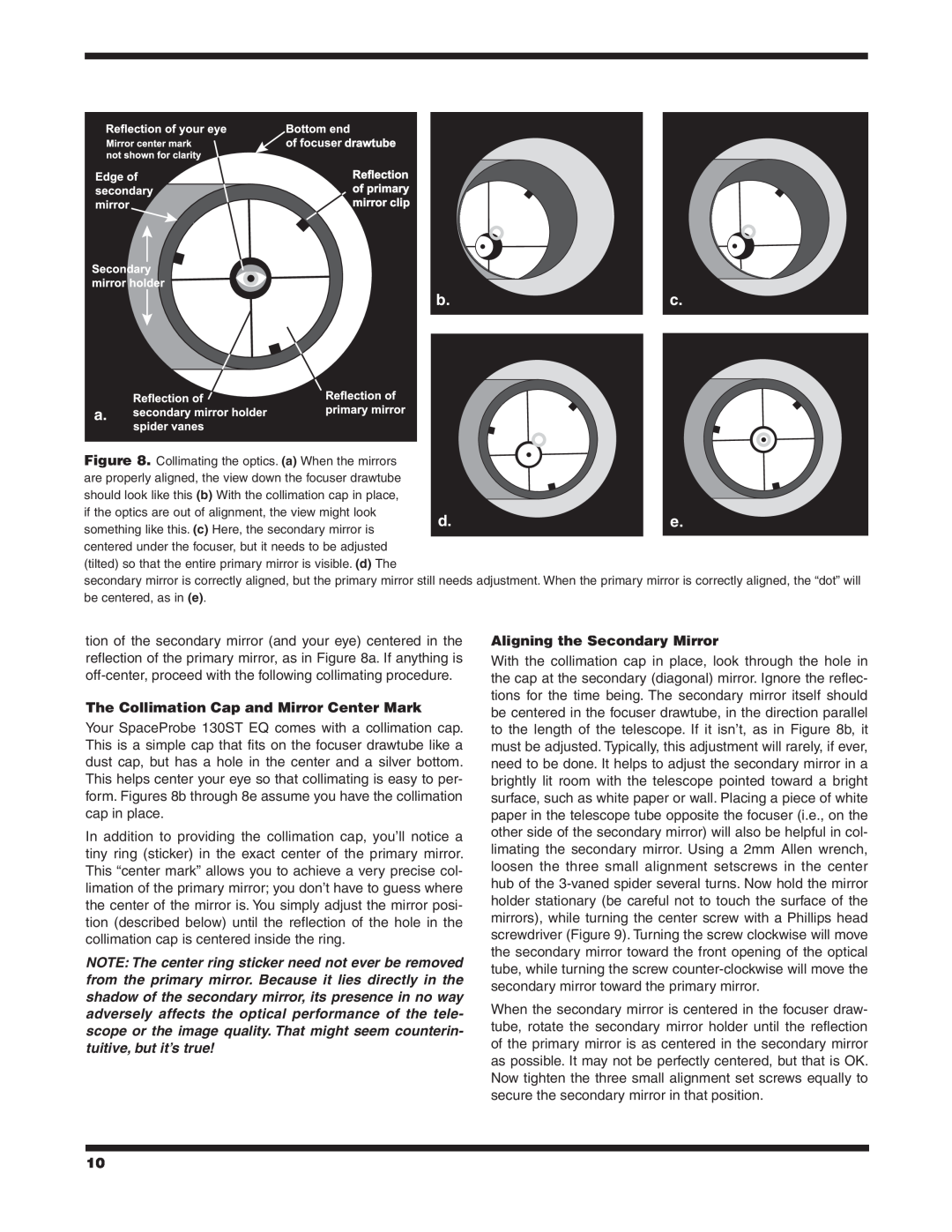 Orion 130ST EQ instruction manual b.c a, The Collimation Cap and Mirror Center Mark, Aligning the Secondary Mirror 