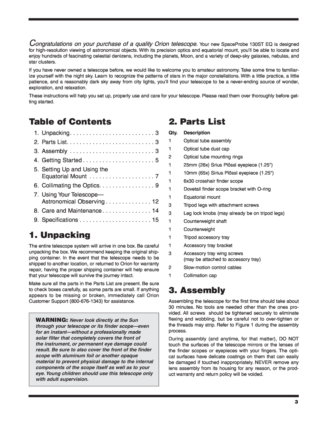 Orion 130ST EQ instruction manual Table of Contents, Unpacking, Parts List, Assembly, Qty. Description 