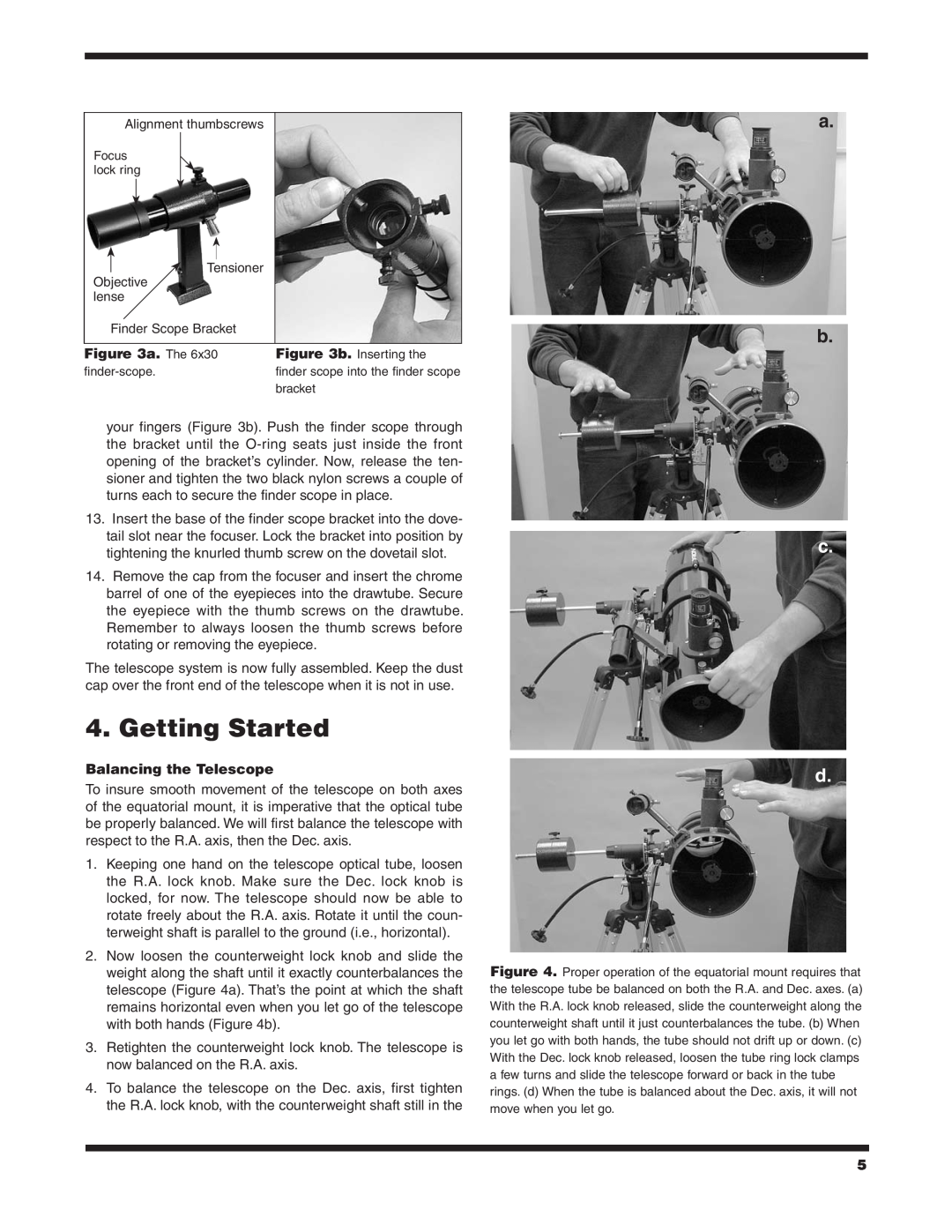 Orion 130ST EQ instruction manual Getting Started, a. The, Balancing the Telescope 