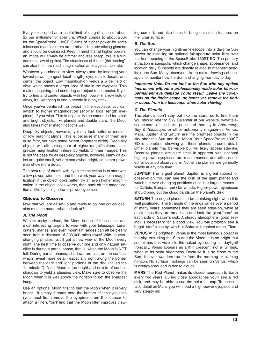 Orion 130ST EQ instruction manual Moon, Objects to Observe 