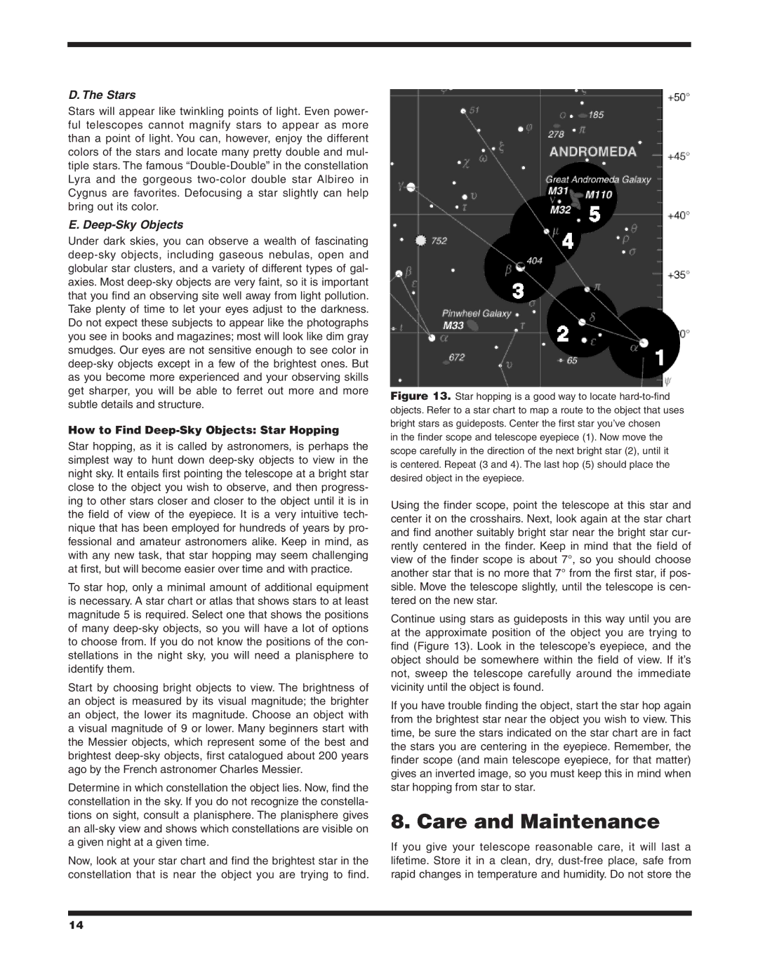 Orion 130ST EQ instruction manual Care and Maintenance, How to Find Deep-Sky Objects Star Hopping 