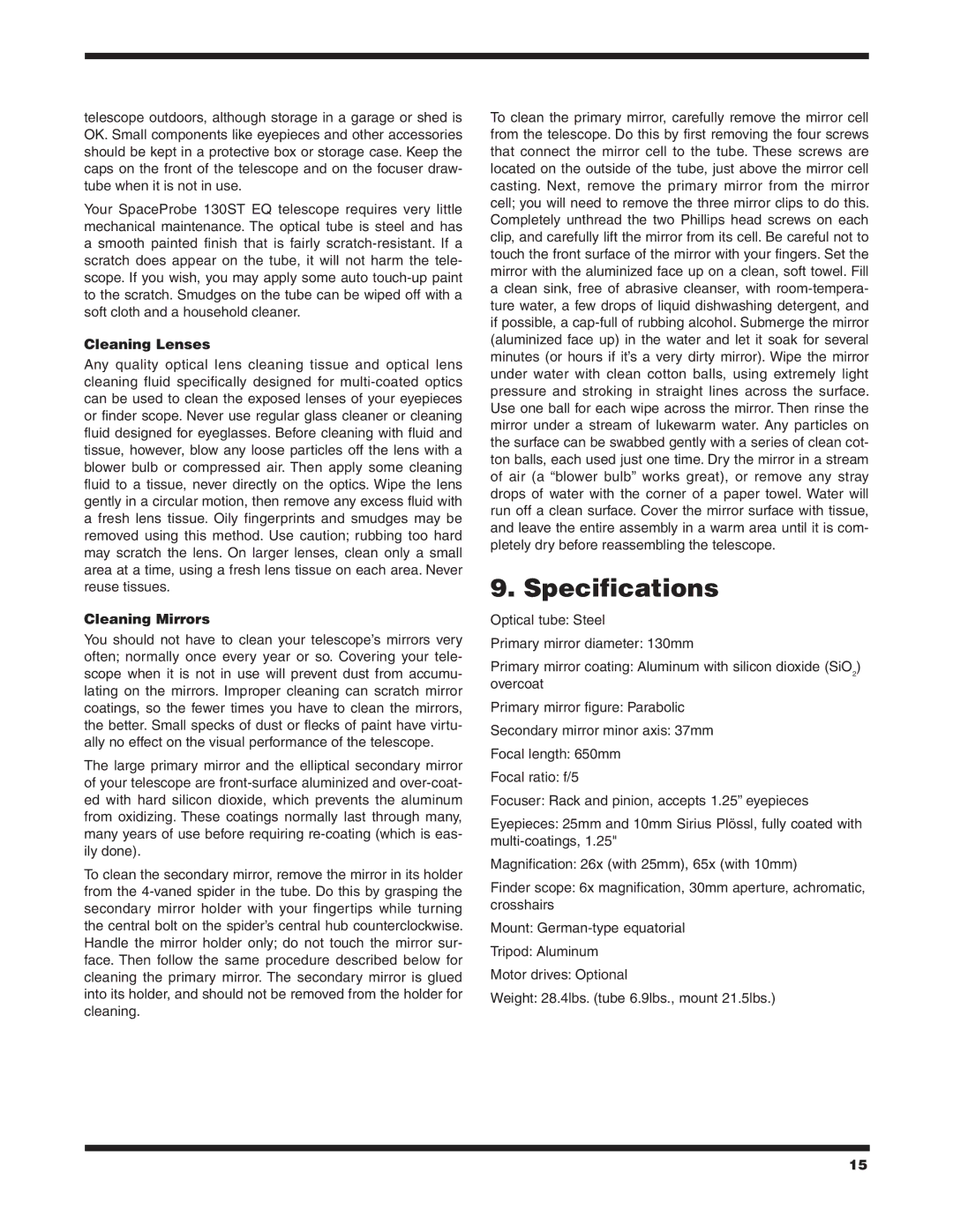 Orion 130ST EQ instruction manual Specifications, Cleaning Lenses, Cleaning Mirrors 