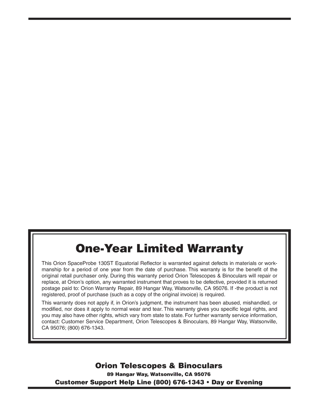 Orion 130ST EQ instruction manual One-Year Limited Warranty 