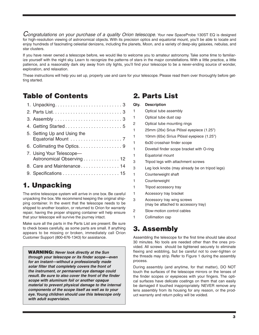 Orion 130ST EQ instruction manual Table of Contents, Unpacking, Parts List, Assembly 