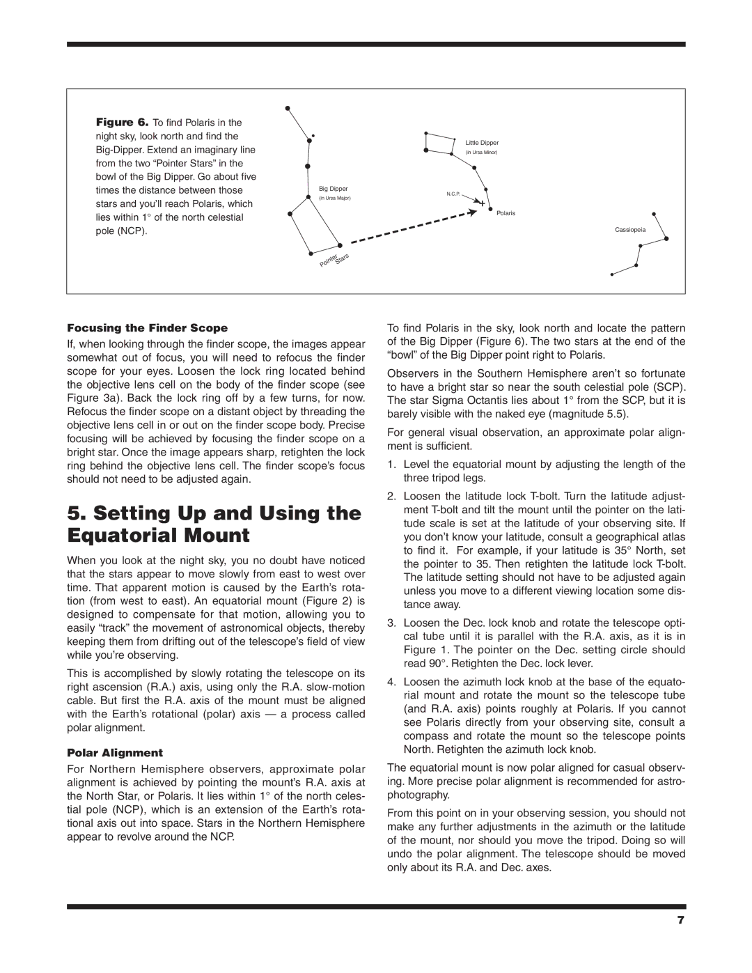 Orion 130ST EQ instruction manual Setting Up and Using the Equatorial Mount, Focusing the Finder Scope, Polar Alignment 