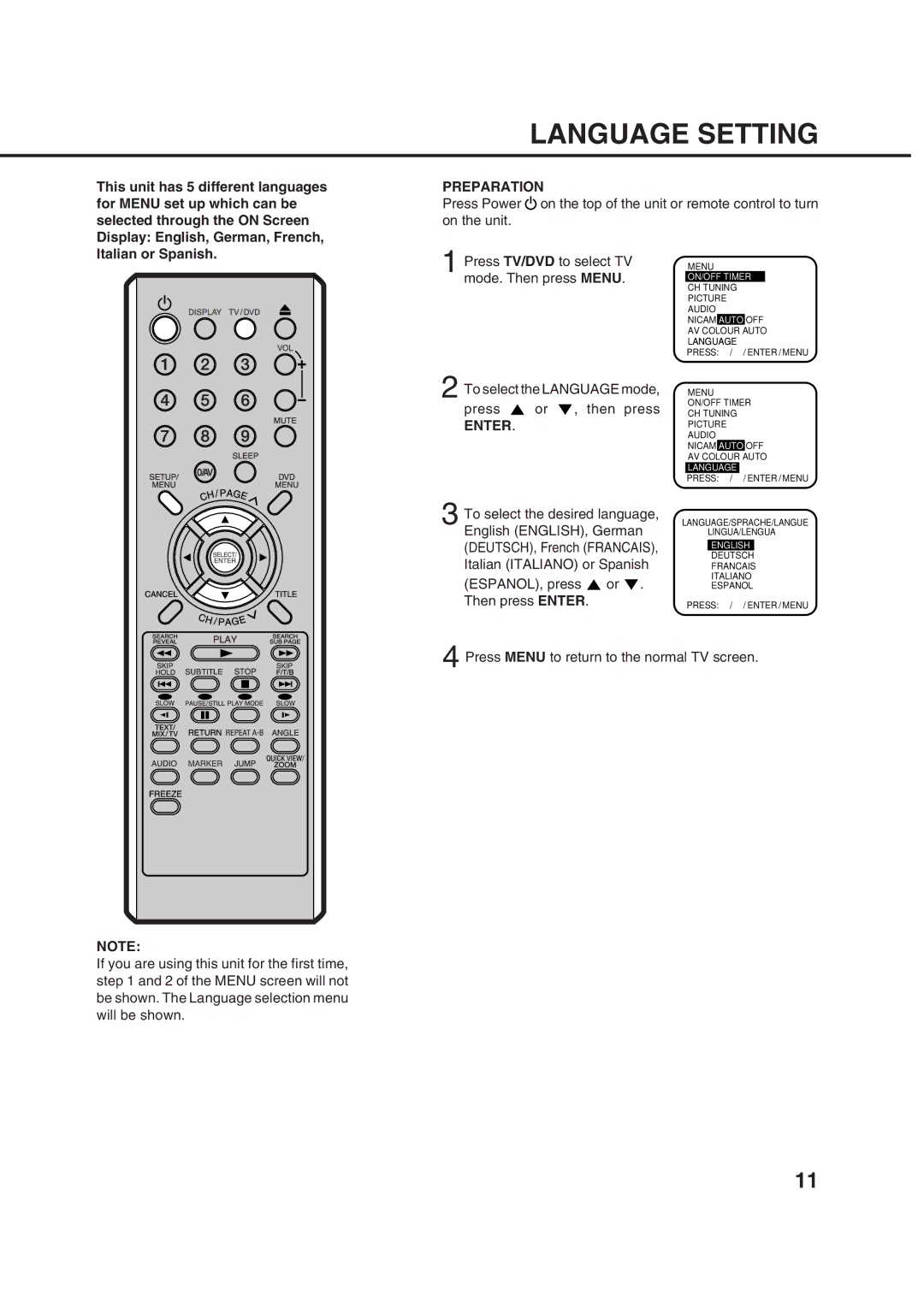 Orion 14LD manual Language Setting, Preparation, Italian or Spanish, Enter 