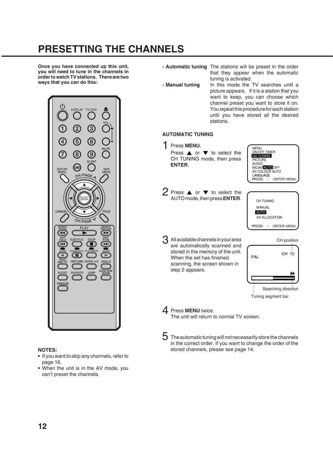 Orion 14LD manual Presetting the Channels, Automatic Tuning 