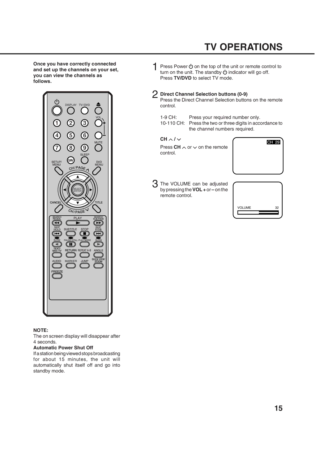 Orion 14LD manual TV Operations, Automatic Power Shut Off, Direct Channel Selection buttons, Ch M / ? 