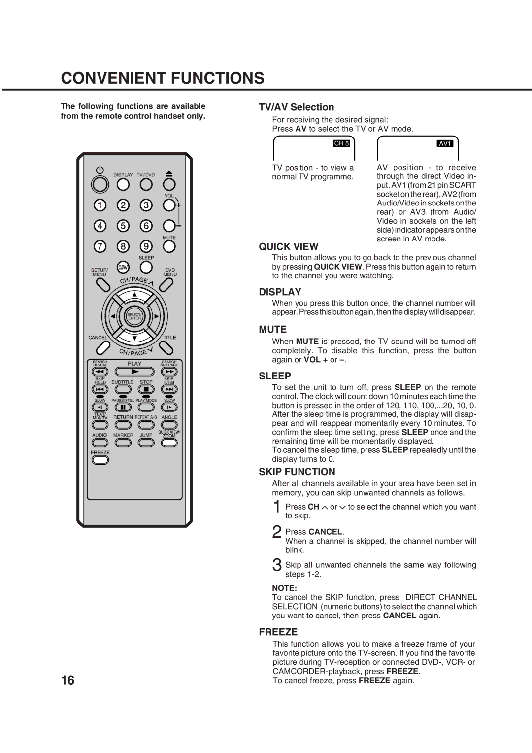 Orion 14LD manual Convenient Functions, TV/AV Selection 