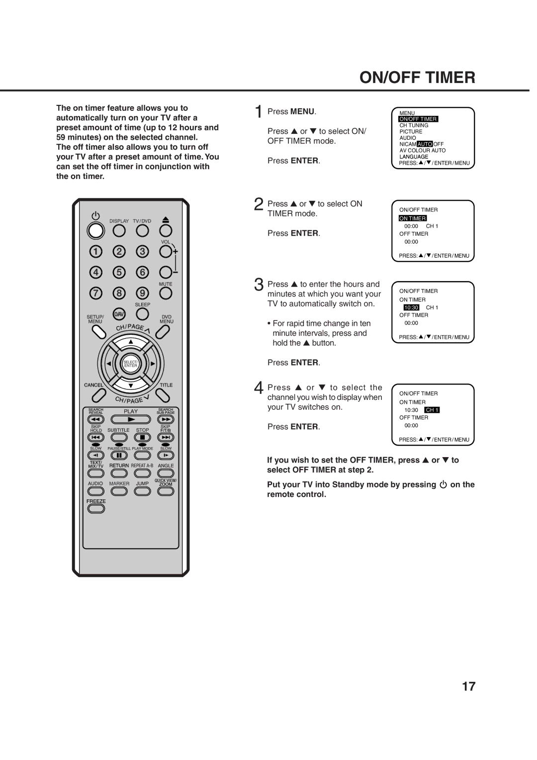 Orion 14LD manual Menu ON/OFF Timer CH Tuning Picture Audio 