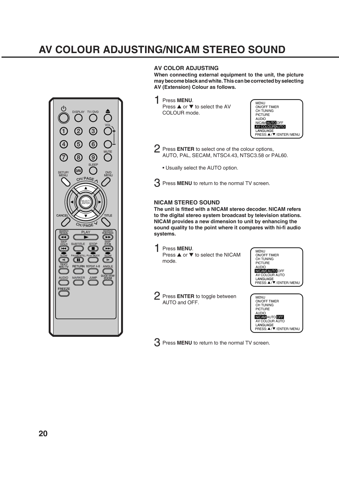 Orion 14LD manual AV Colour ADJUSTING/NICAM Stereo Sound, AV Color Adjusting 