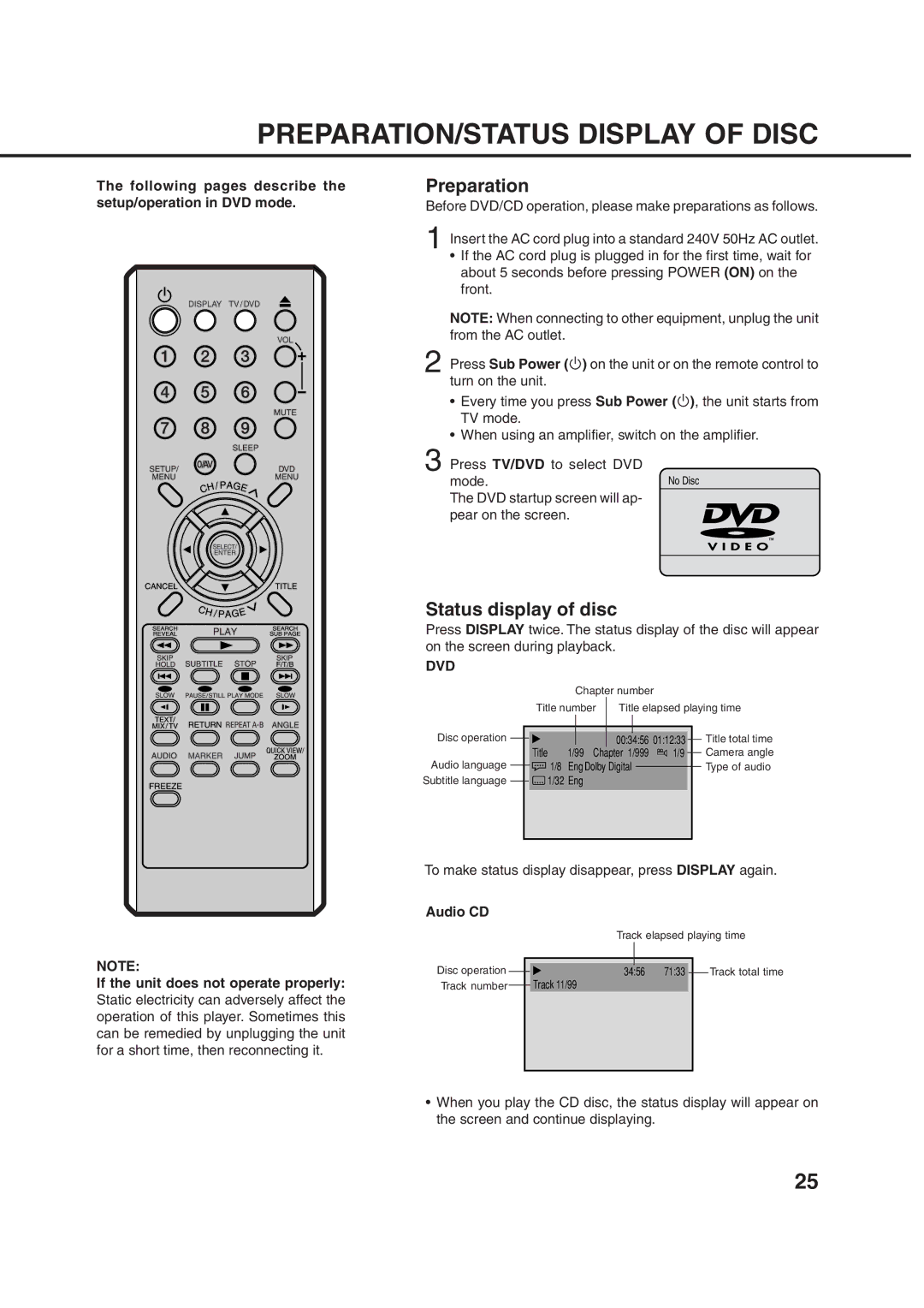 Orion 14LD manual PREPARATION/STATUS Display of Disc, Preparation, Status display of disc, Dvd 