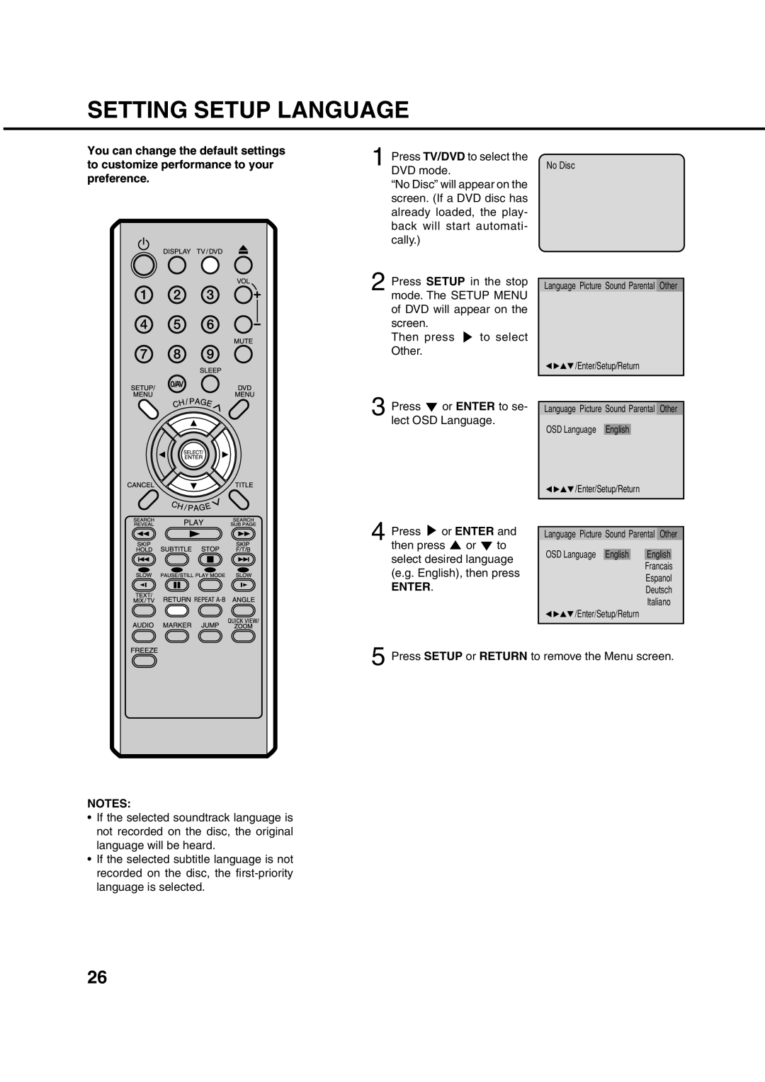 Orion 14LD manual Setting Setup Language, Enter 