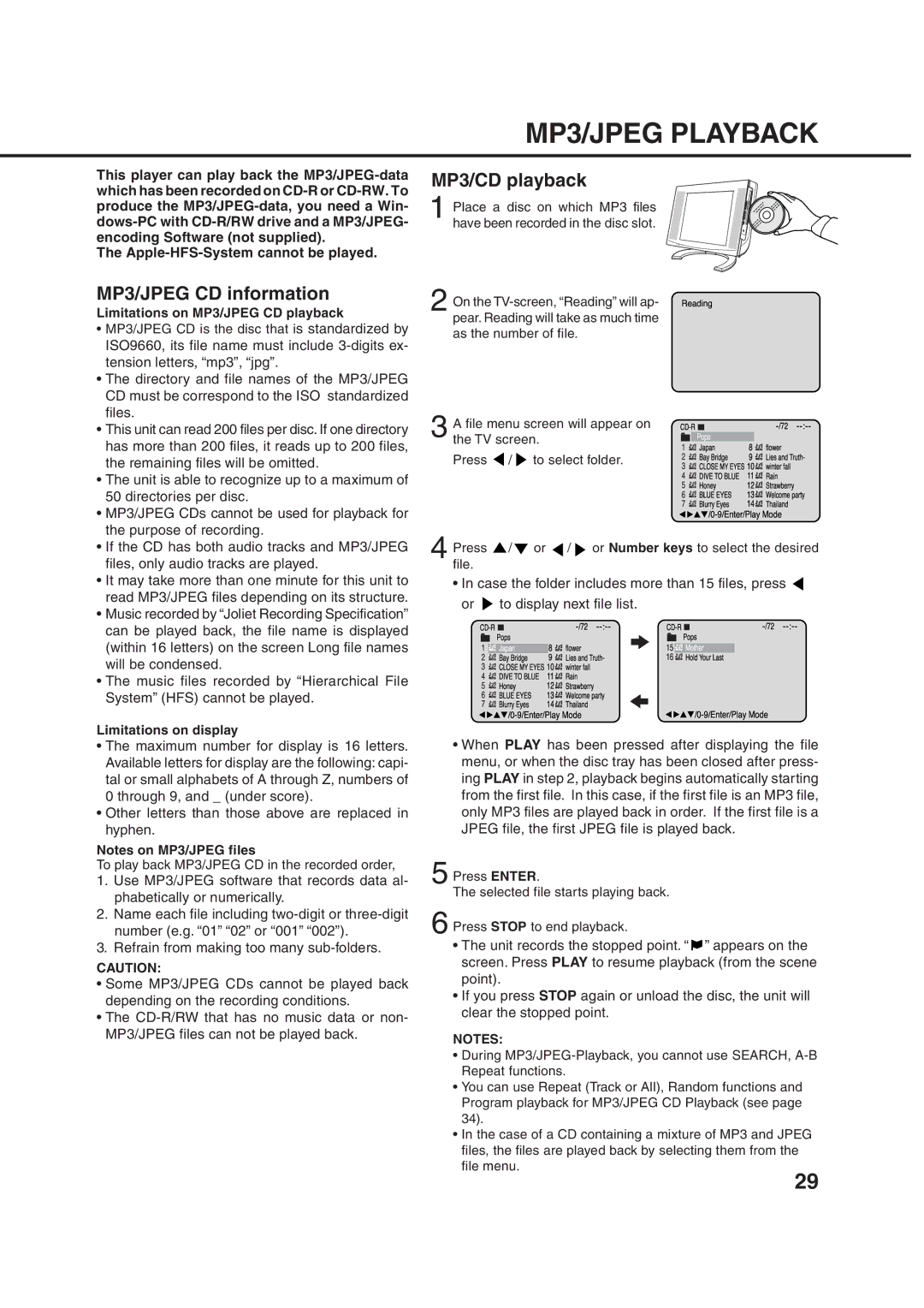 Orion 14LD manual MP3/JPEG Playback, MP3/JPEG CD information, MP3/CD playback 