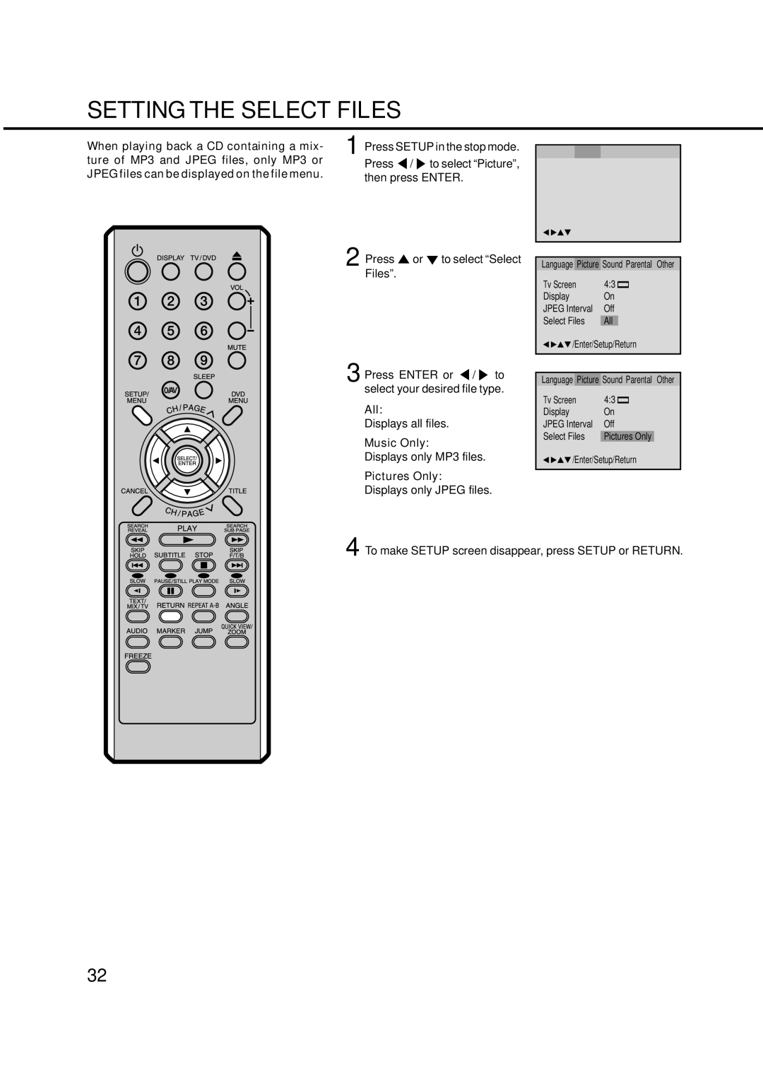 Orion 14LD manual Setting the Select Files, Jpeg files can be displayed on the file menu, All, Music Only, Pictures Only 