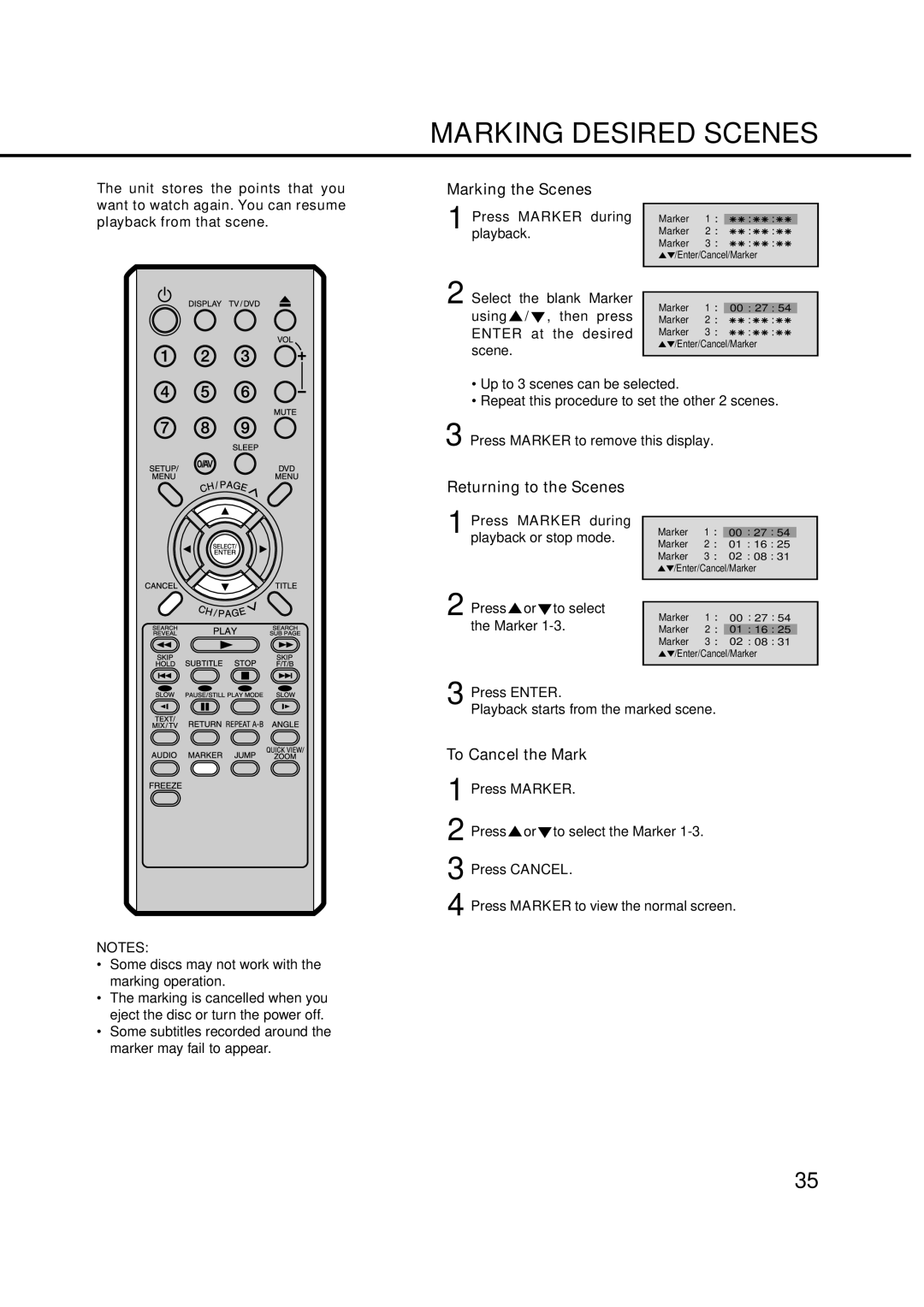 Orion 14LD manual Marking Desired Scenes, Marking the Scenes, Returning to the Scenes, To Cancel the Mark 