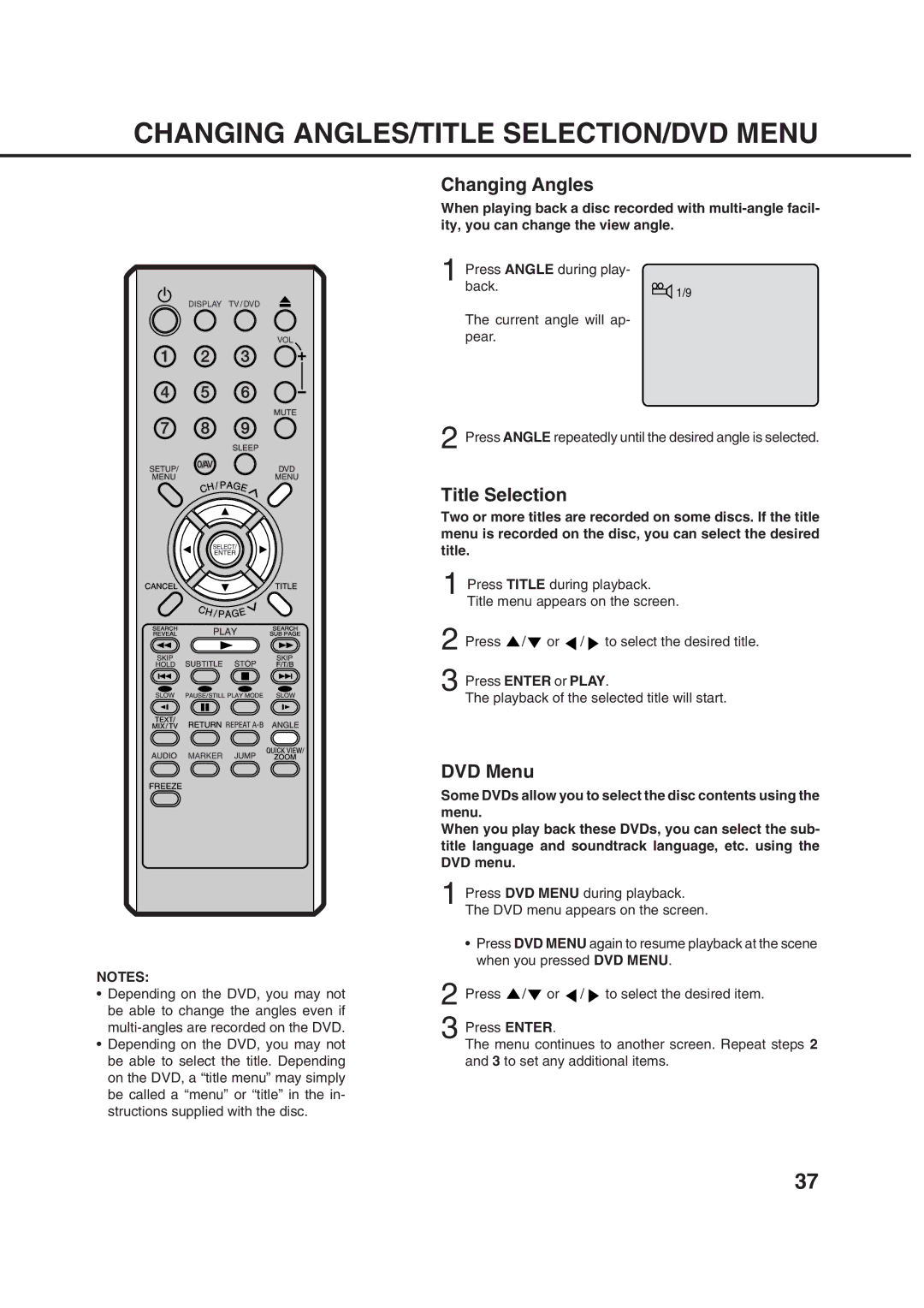 Orion 14LD manual Changing ANGLES/TITLE SELECTION/DVD Menu, Changing Angles, Title Selection 