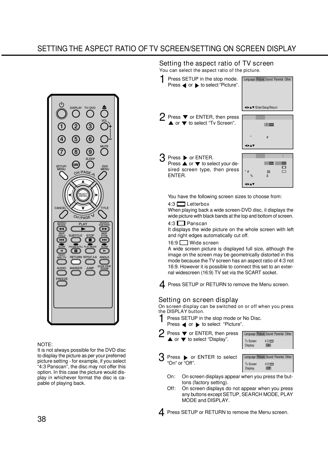 Orion 14LD manual Setting the aspect ratio of TV screen, Setting on screen display 