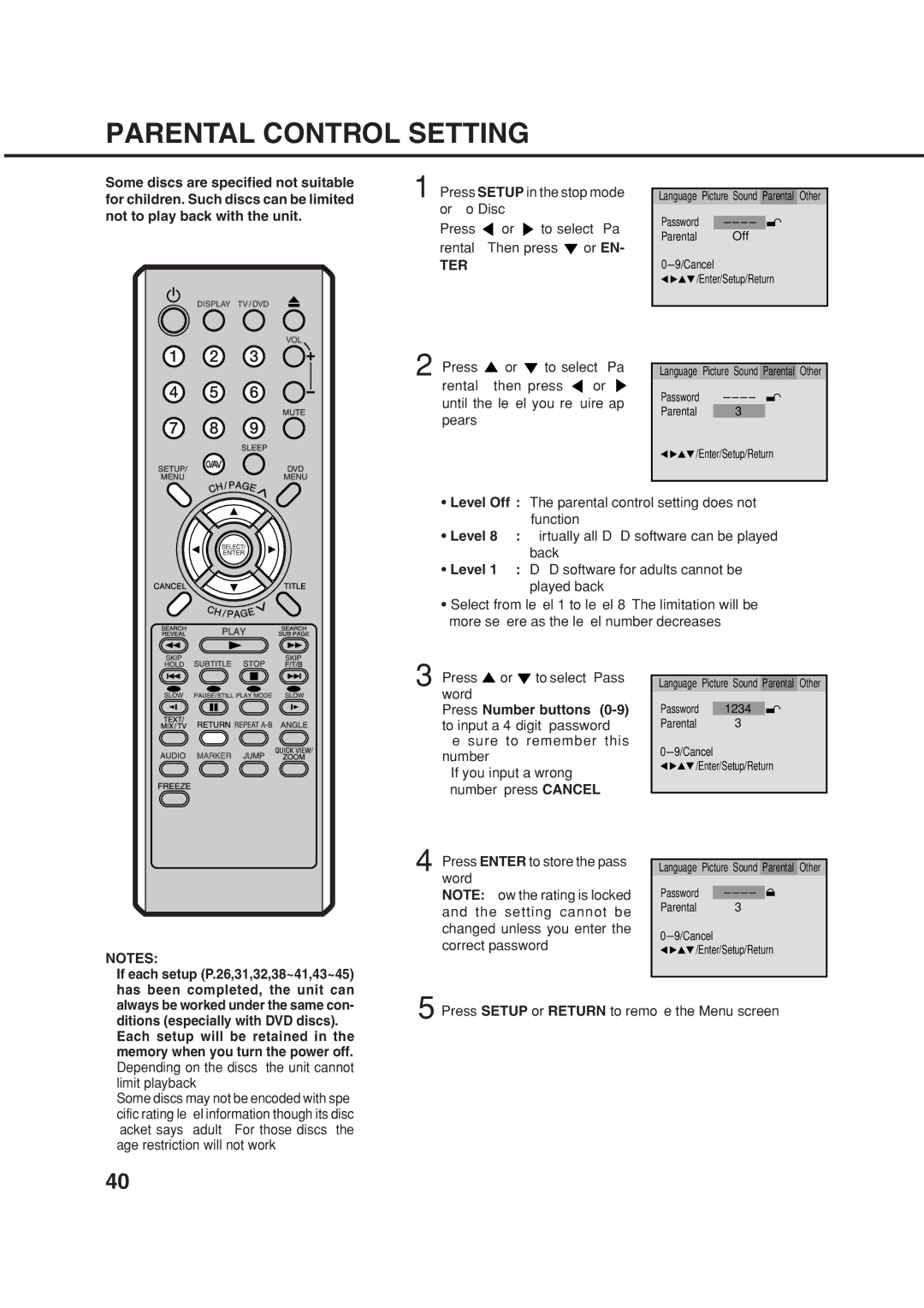 Orion 14LD manual Parental Control Setting, Ter 