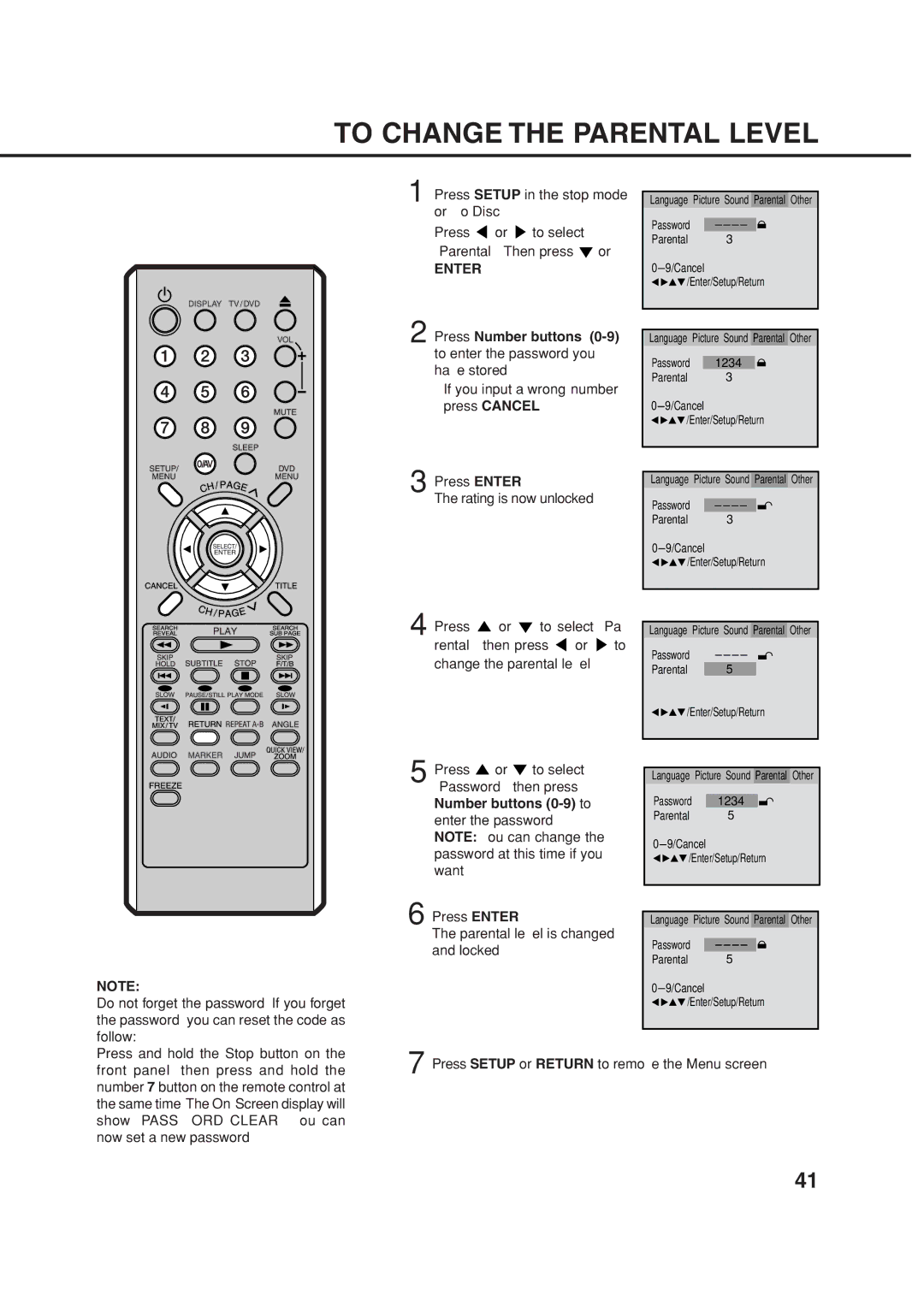 Orion 14LD manual To Change the Parental Level, Number buttons 0-9 to 