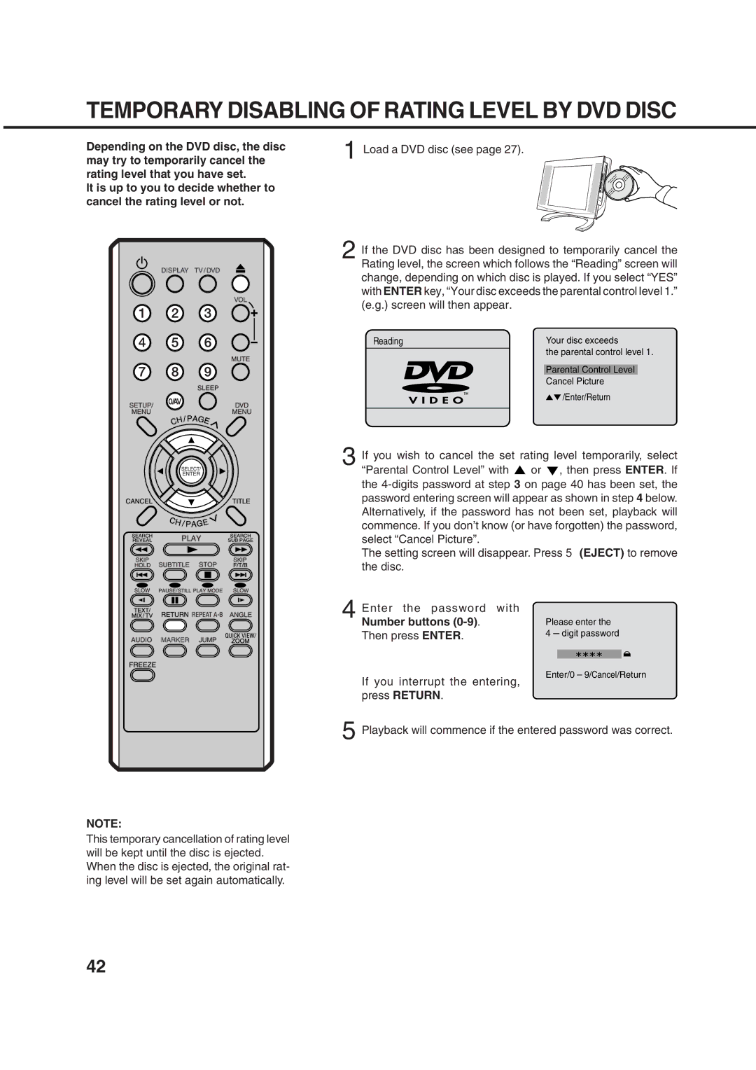 Orion 14LD manual Temporary Disabling of Rating Level by DVD Disc, Number buttons 