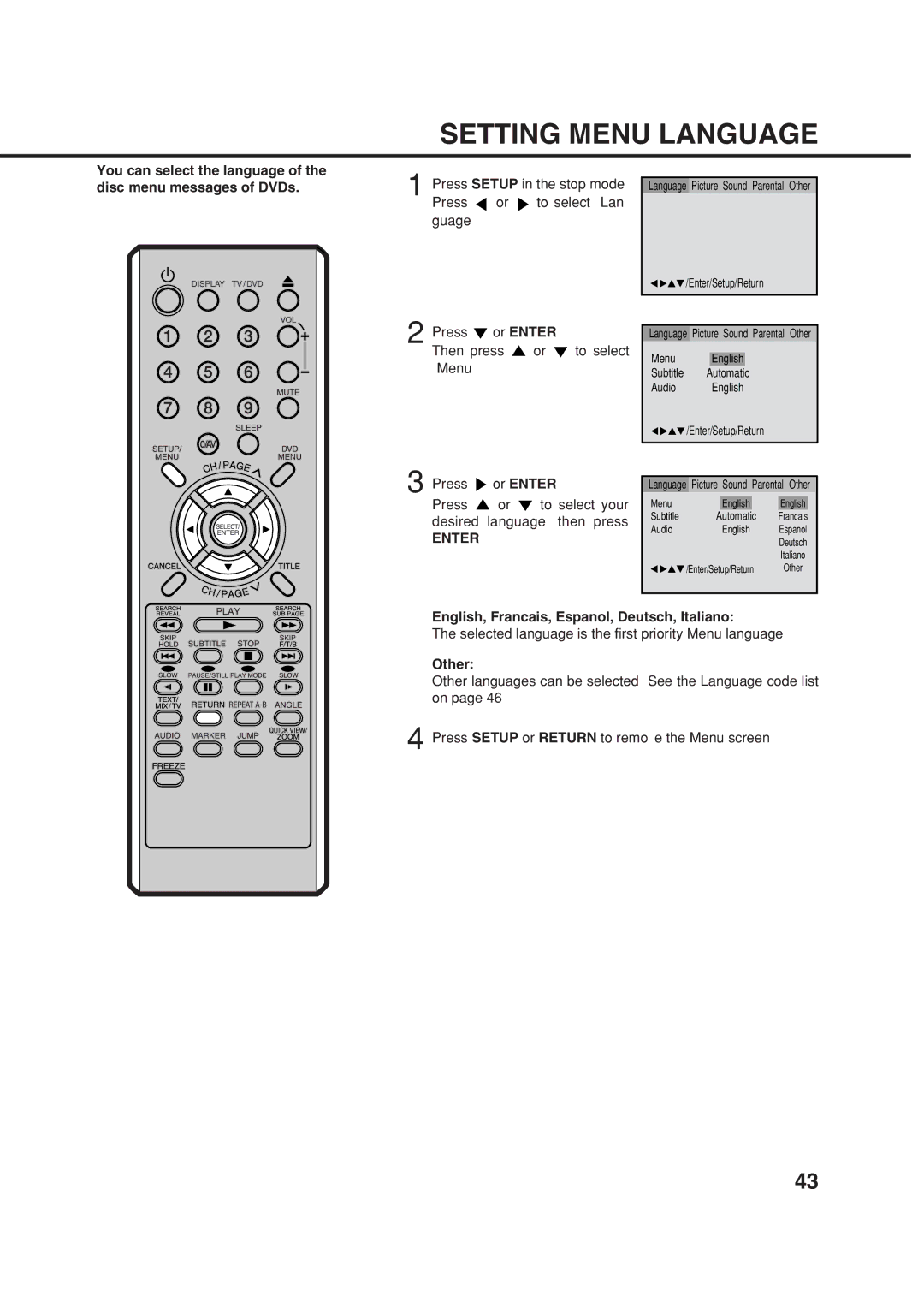 Orion 14LD manual Setting Menu Language, English, Francais, Espanol, Deutsch, Italiano, Other 