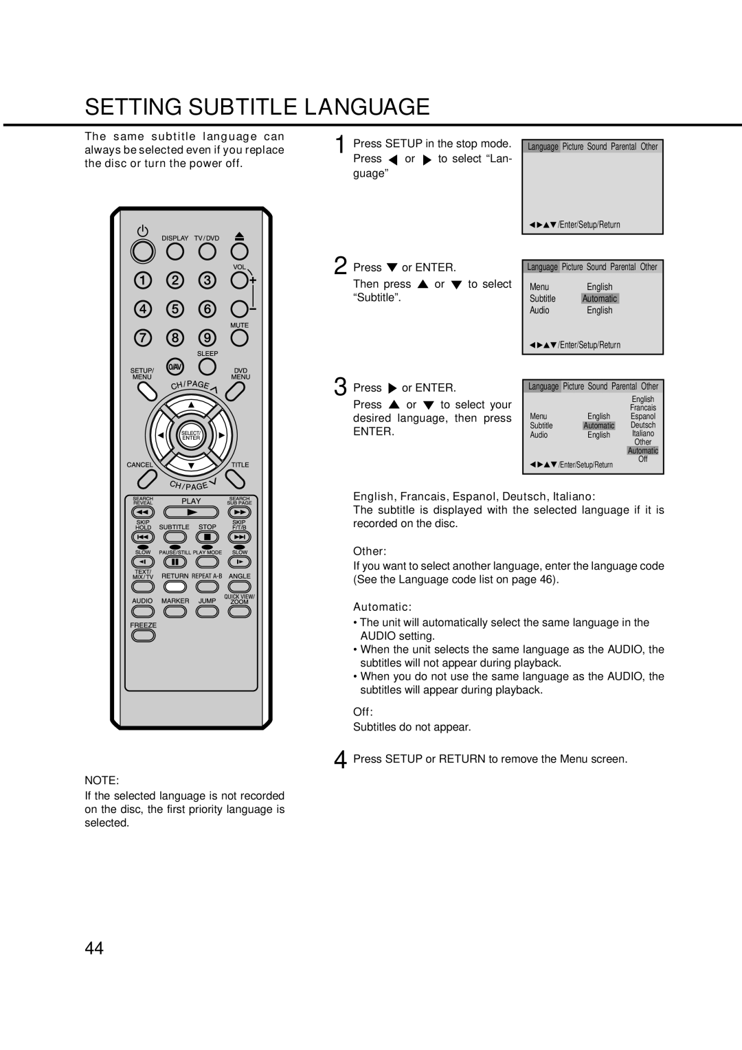Orion 14LD manual Setting Subtitle Language, Automatic 