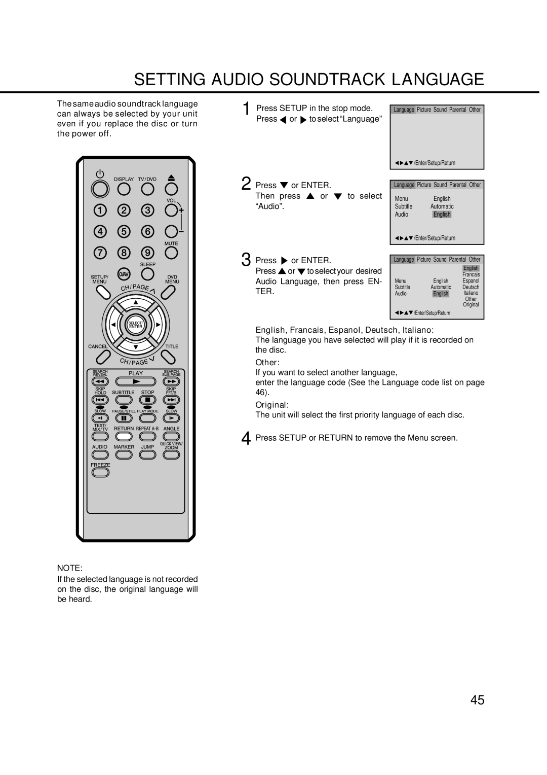 Orion 14LD manual Setting Audio Soundtrack Language, Original 