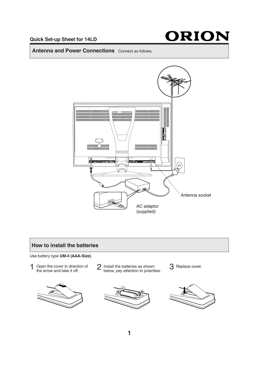 Orion 14LD manual Antenna and Power Connections Connect as follows, How to install the batteries 