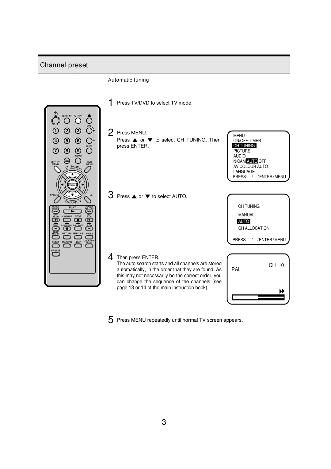 Orion 14LD manual Channel preset, Automatic tuning 