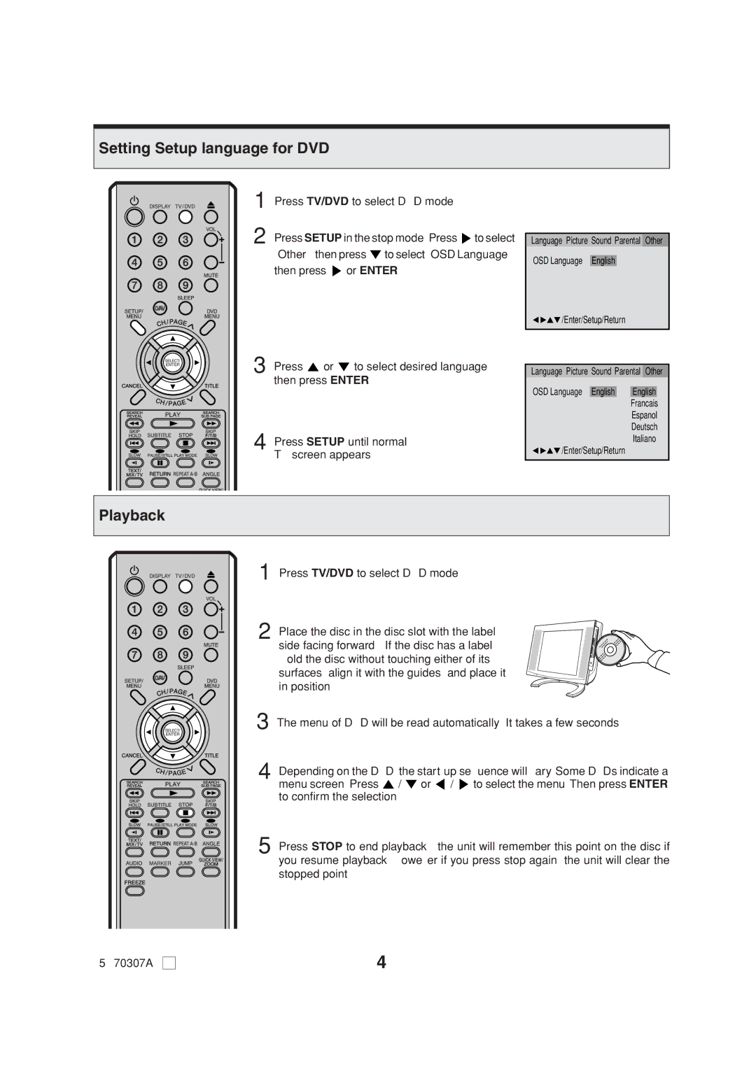 Orion 14LD manual Setting Setup language for DVD, Playback 