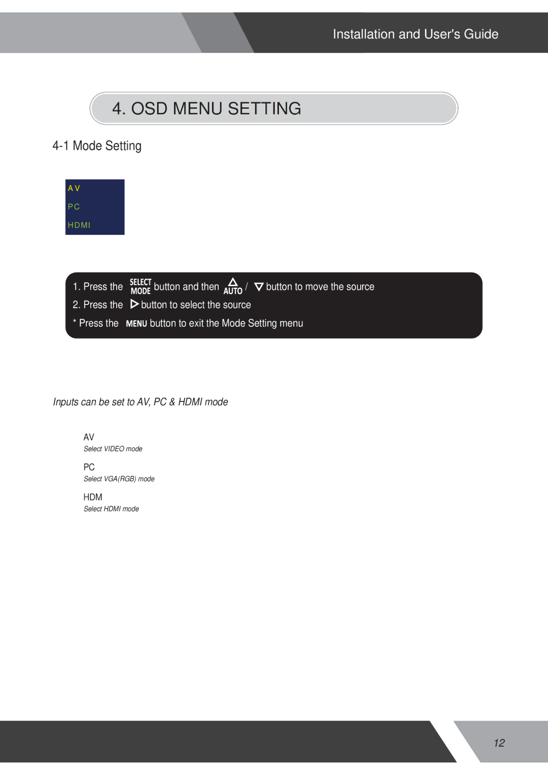 Orion 15RCR manual OSD Menu Setting, Mode Setting 