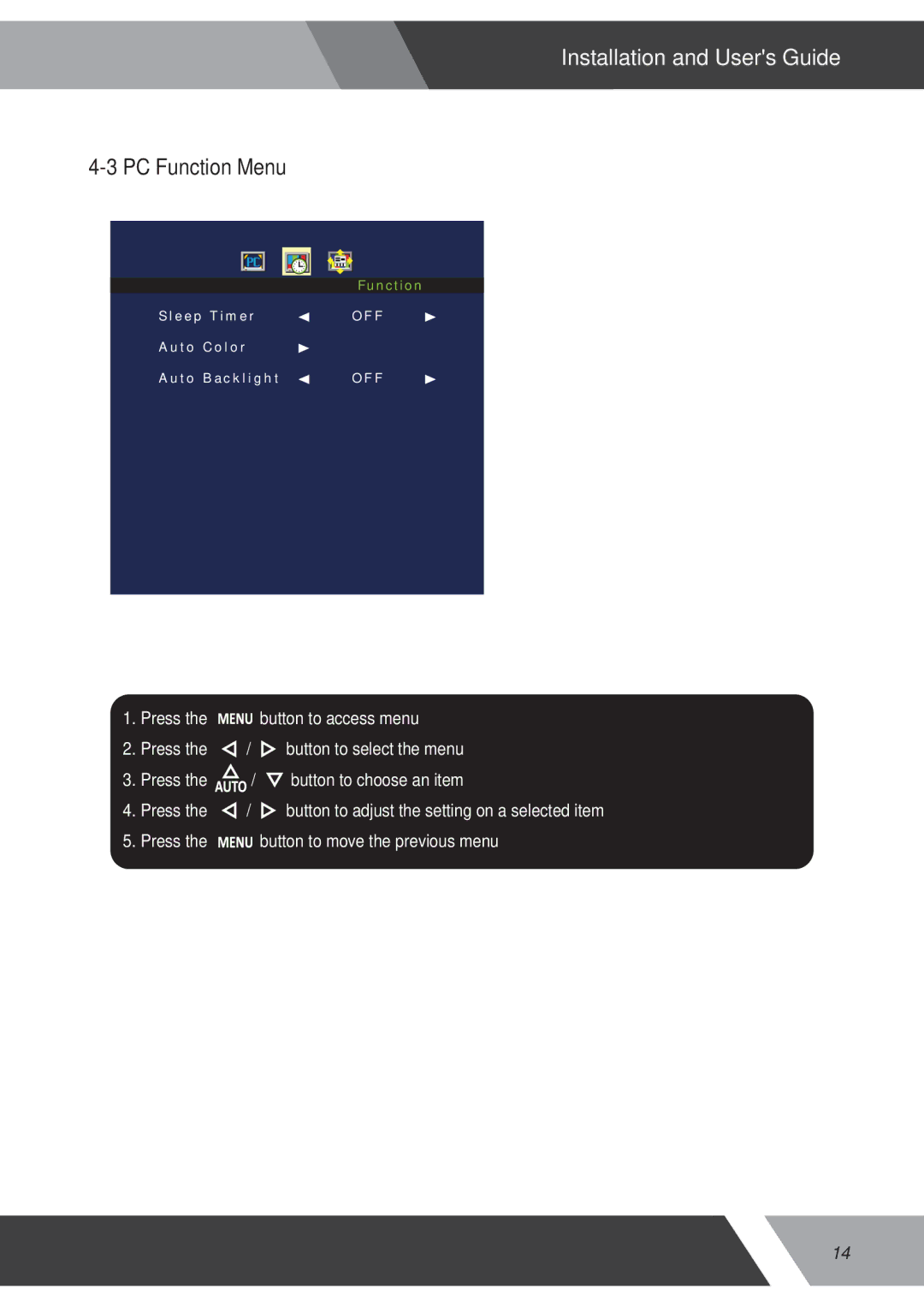 Orion 15RCR manual PC Function Menu 