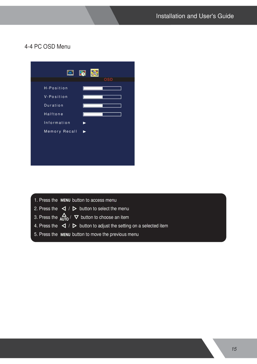 Orion 15RCR manual PC OSD Menu 