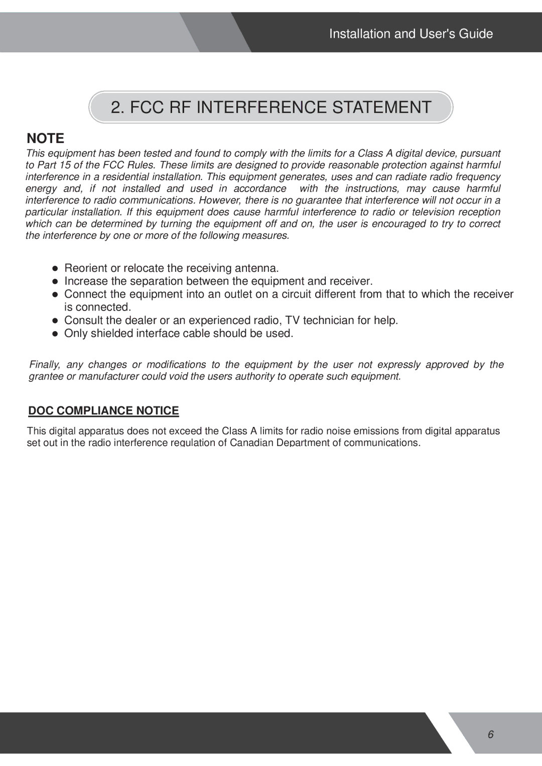 Orion 15RCR manual FCC RF Interference Statement, DOC Compliance Notice 