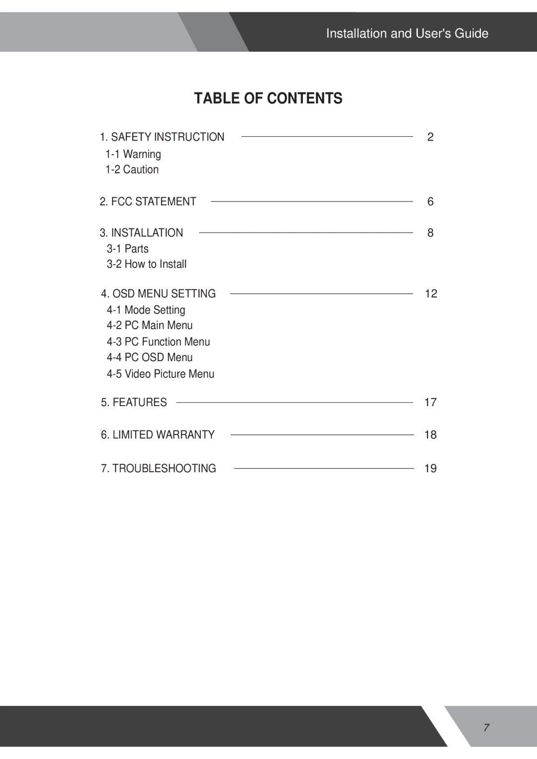 Orion 15RCR manual Table of Contents 