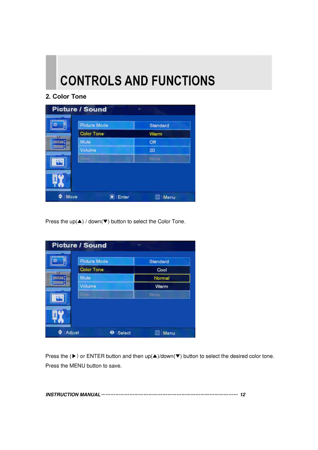 Orion 15RTC instruction manual Color Tone 